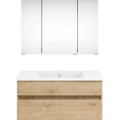 KISS Badezimmerset Mit Spiegelschrank Eiche Natur 90> Badezimmermöbel-Sets