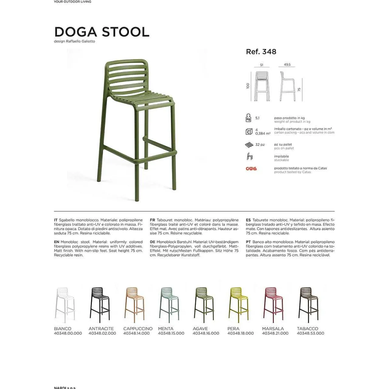 NARDI outdoor Garten Barhocker Doga Stool Menta 100> Garten Barstühle