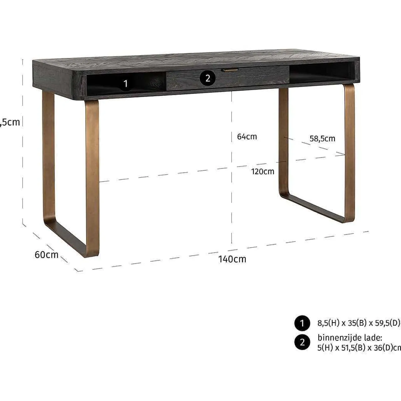 Richmond Interiors Schreibtisch Blackbone Schwarz Messing 140> Bürotische