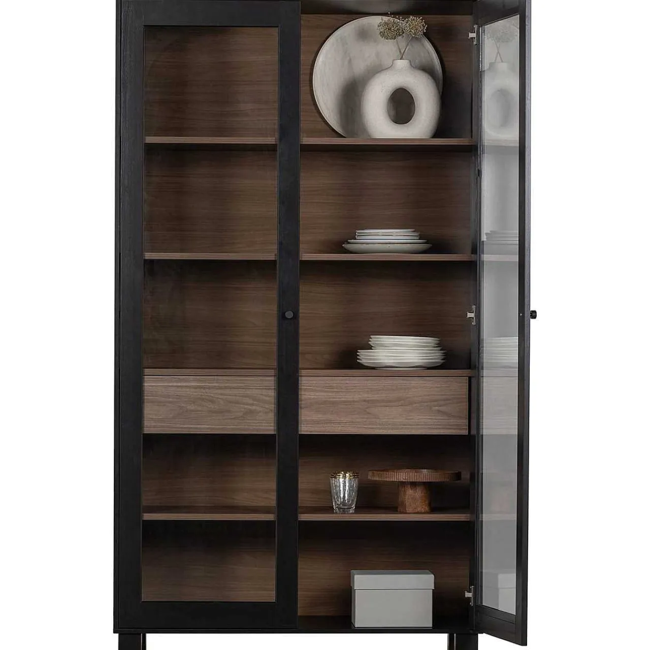 mutoni living Vitrinenschrank Goos Kiefer Schwarz Walnuss 110X200> Vitrinen